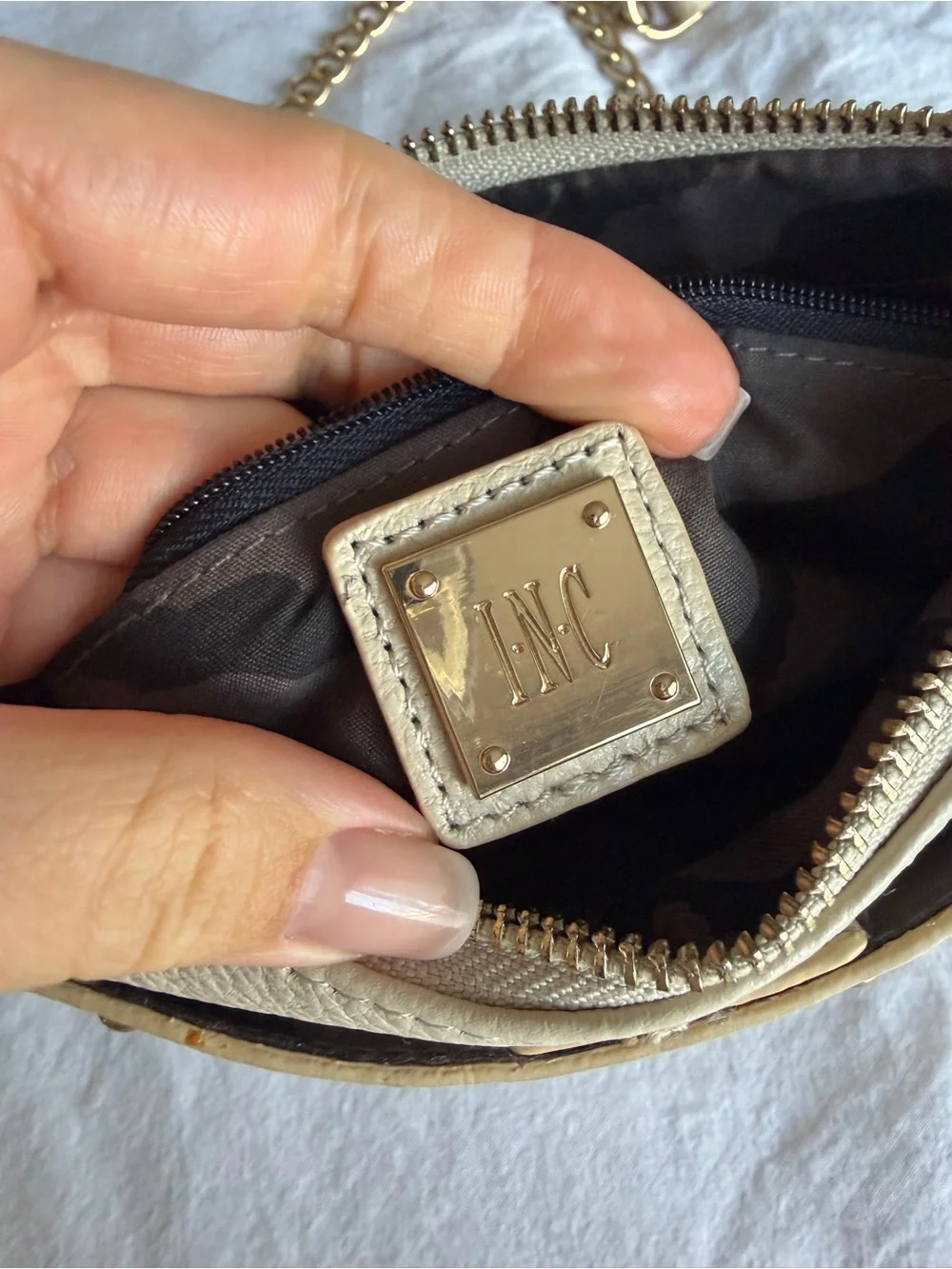 INC International Concepts Cream Leather Crossbody with Gold Chain